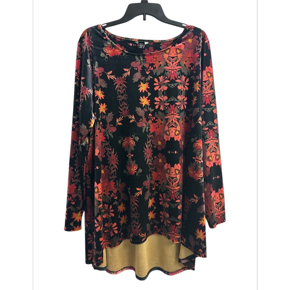 Intro. Black Floral Velvet Stretchy Long Sleeves Tunic Top Women's Plus Size 2X